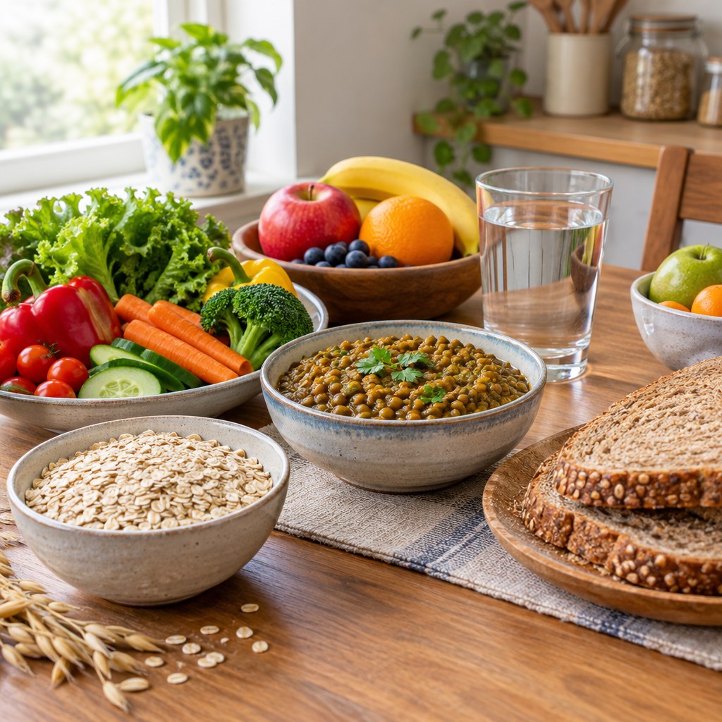 Oats, lentils, vegetables and fruit arranged beside a glass of water