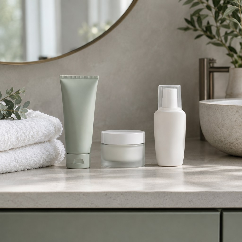 Unbranded cleanser, moisturizer and sunscreen containers on a bathroom counter