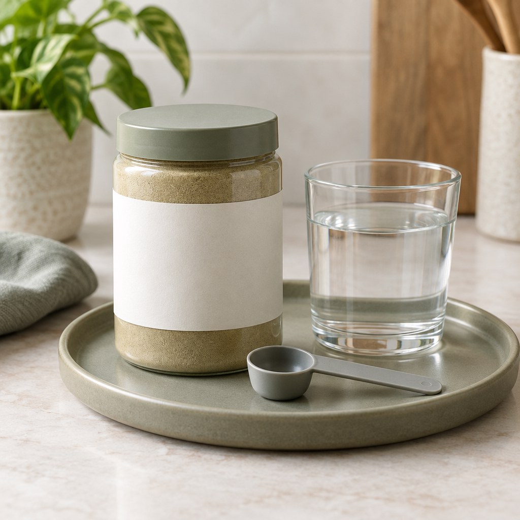 Unbranded herbal powder jar beside an empty measuring spoon and a glass of water
