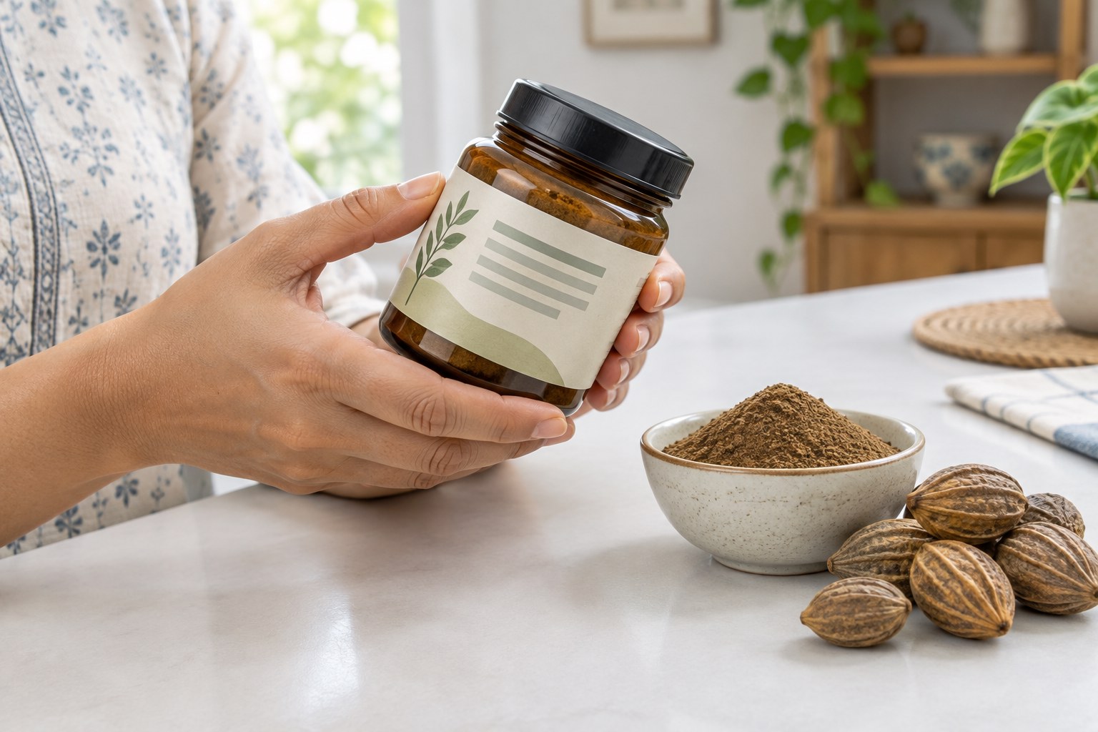 Illustration of hands checking the label on an unbranded herbal powder jar