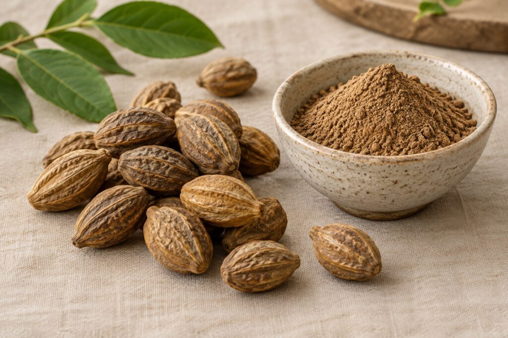 Illustration of dried kadukkai fruits beside a bowl of haritaki powder