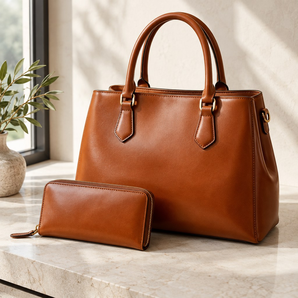 Illustrative cognac leather handbag and wallet on ivory stone