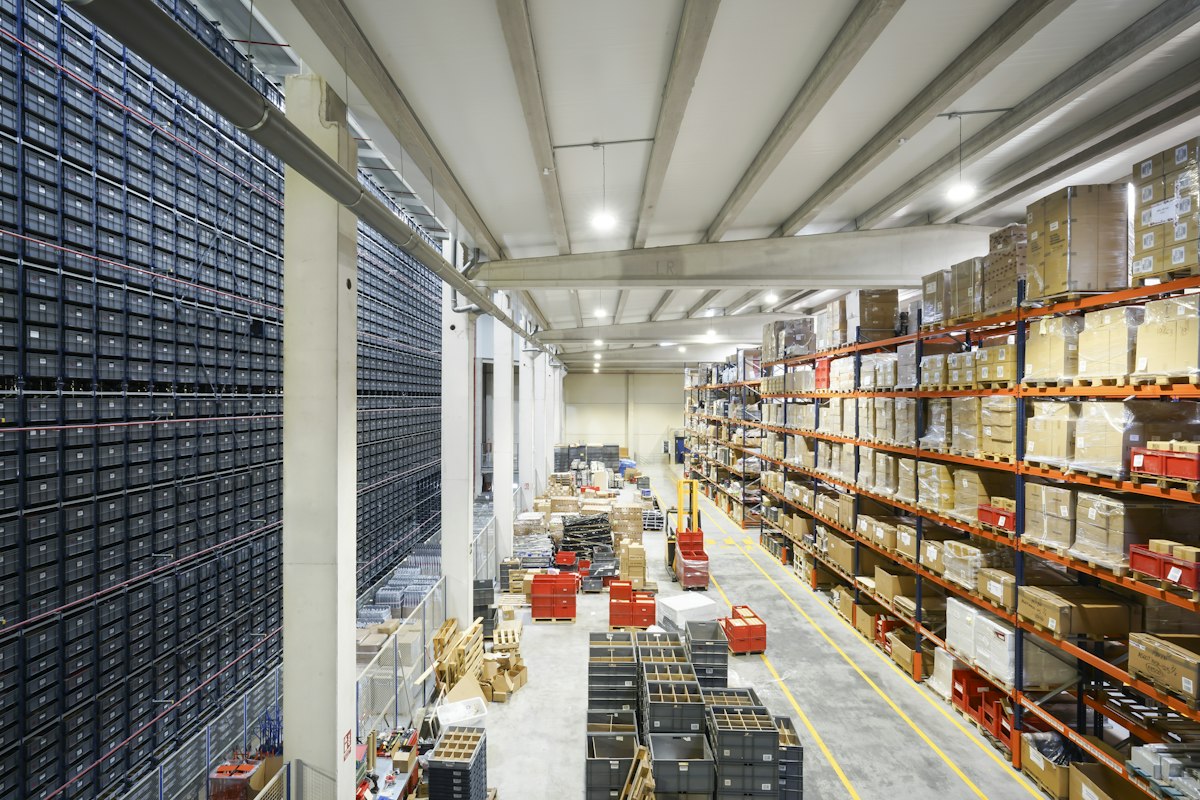Warehouse interior with stacks of boxed goods